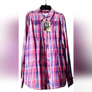 Cowgirl Up Pink/Purple Plaid Longsleeve Buttondown, Size Large
